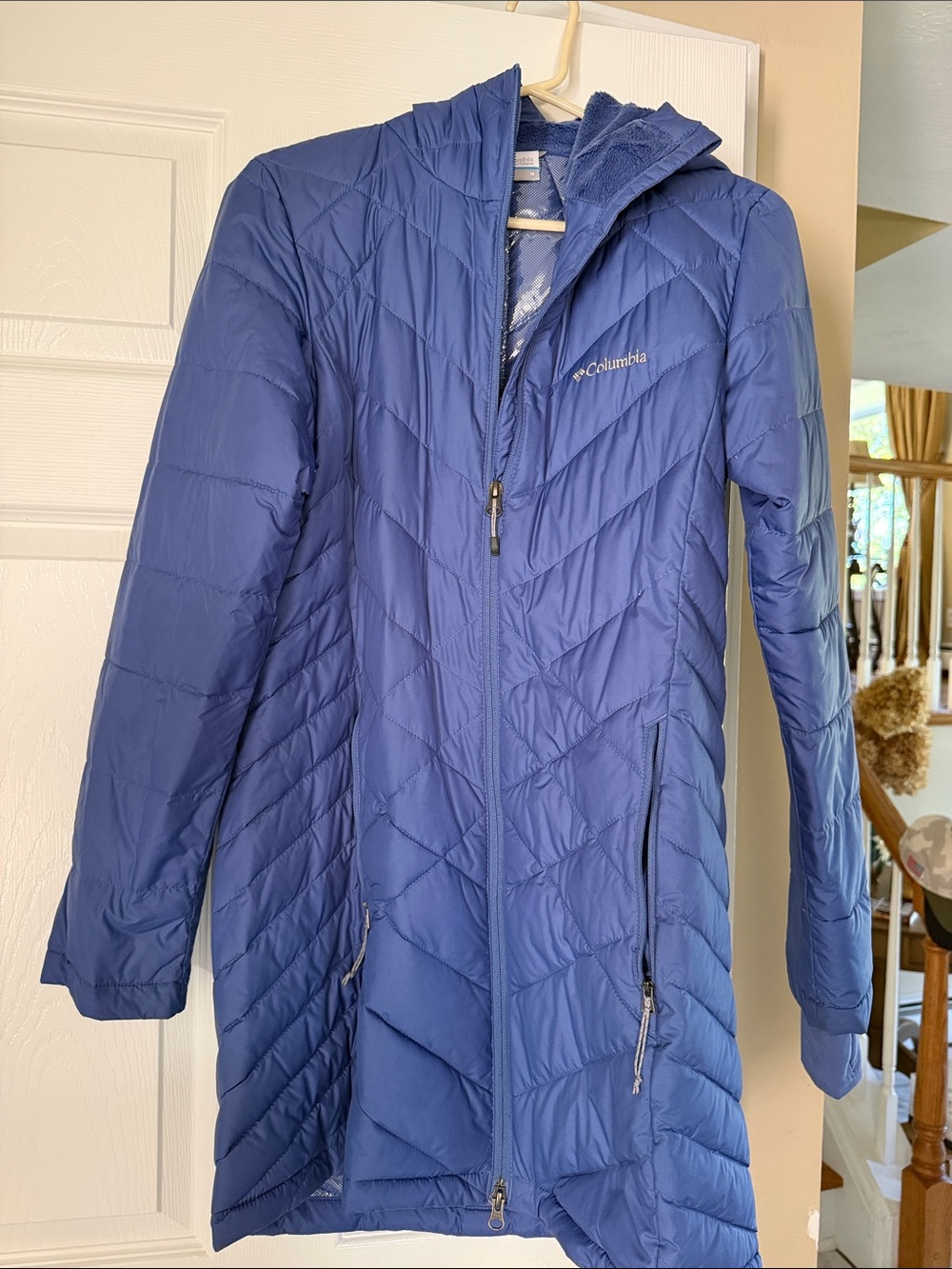 Columbia Women's Periwinkle Quilted Hooded Long Puffer Coat